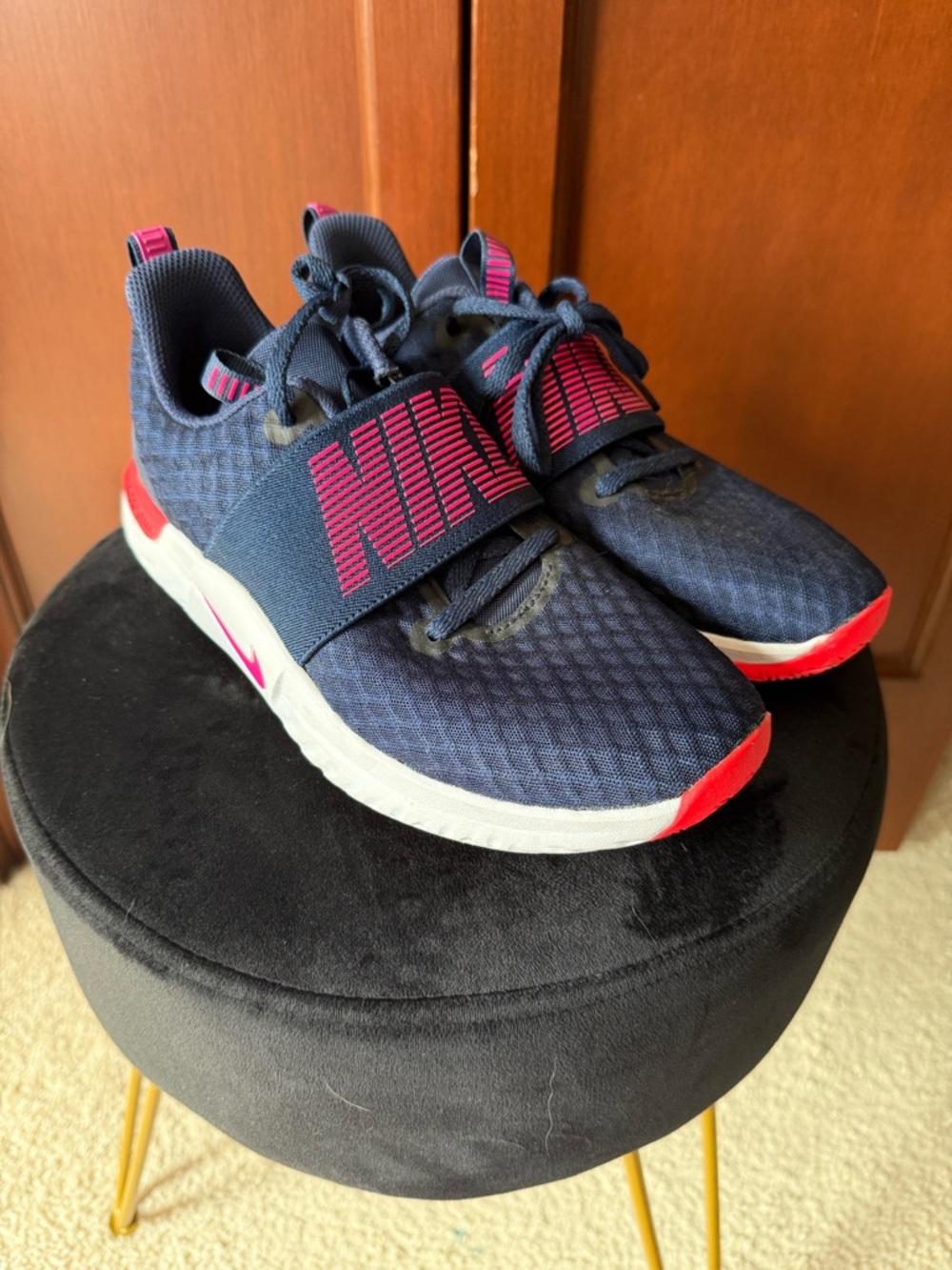 Nike Women’s Navy and Pink Strap Sneakers